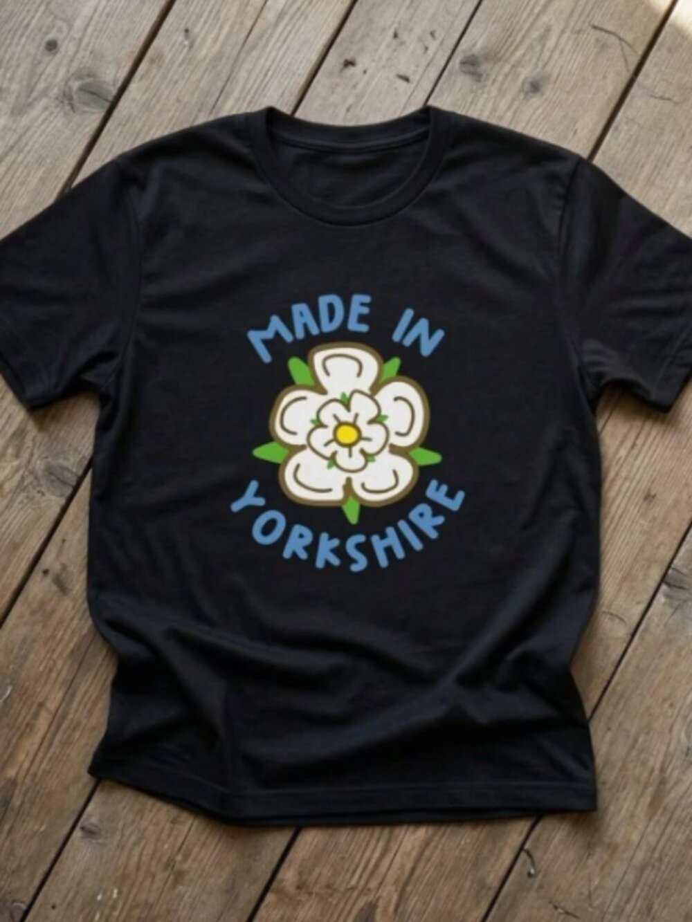 Made in Yorkshire White Rose Graphic Unisex Black T-Shirt